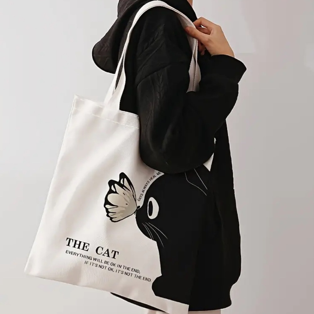 "The Cat" & Butterfly Canvas Tote Bag - Whimsical and Comforting